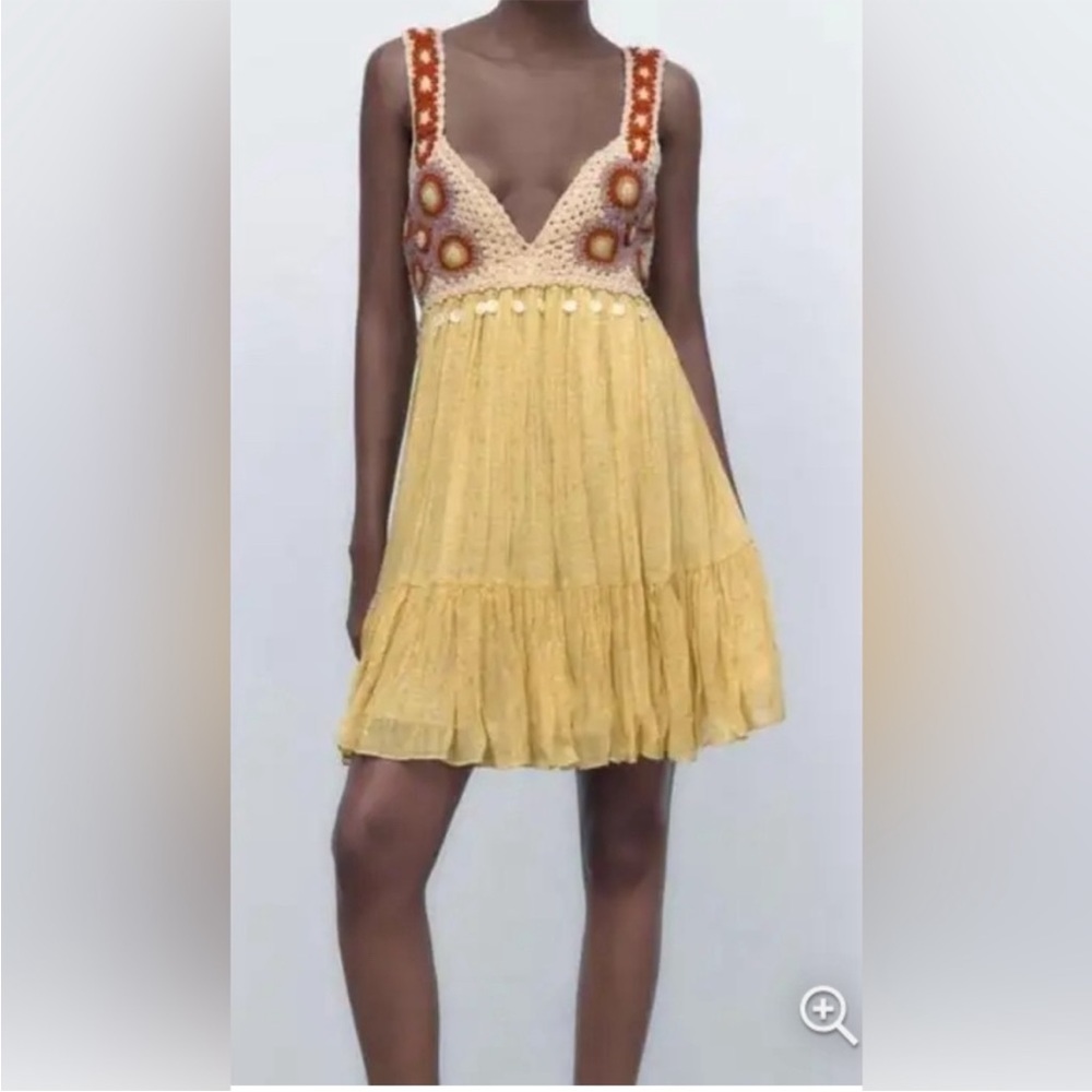 NWOT ZARA bohemian crochet light yellow dress size extra large
